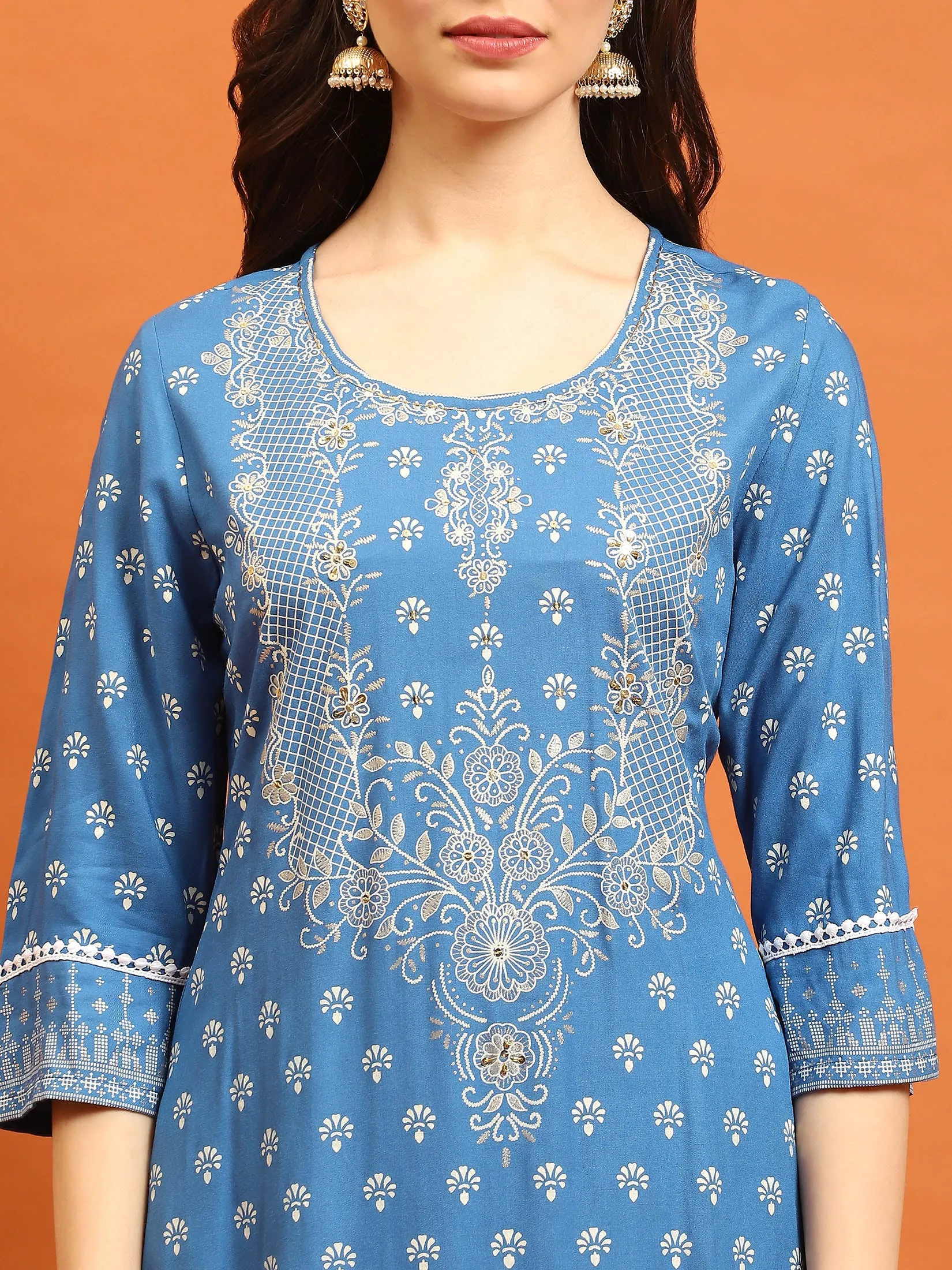 Women Blue Ornamental Printed Kurta Comfort Pant Dupatta