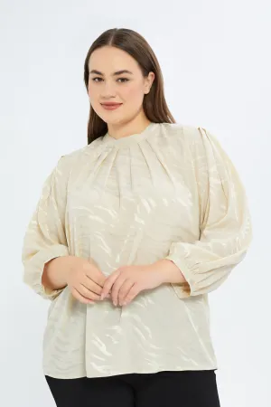 Women Cream Satin Jacquard Blouse