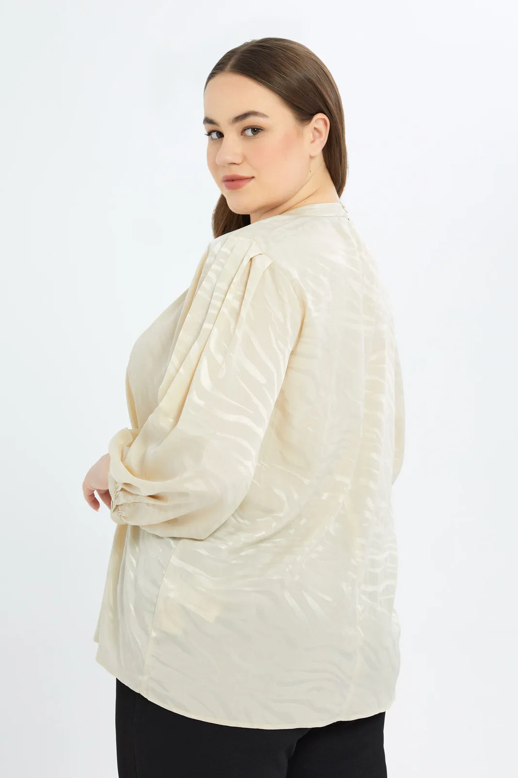 Women Cream Satin Jacquard Blouse