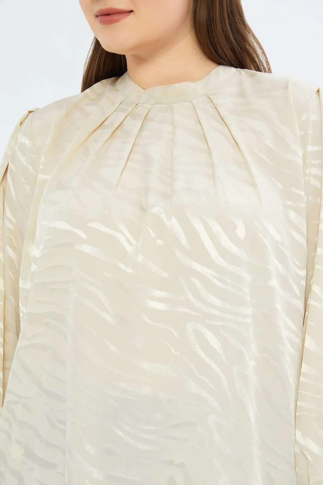 Women Cream Satin Jacquard Blouse