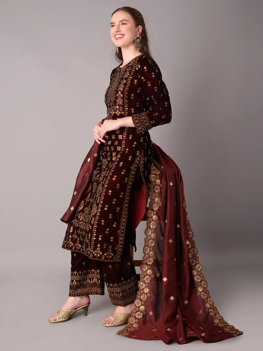 Women Maroon Velvet Kurta Comfort Pant Dupatta