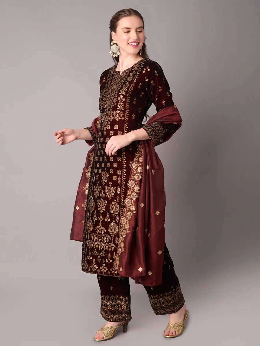 Women Maroon Velvet Kurta Comfort Pant Dupatta