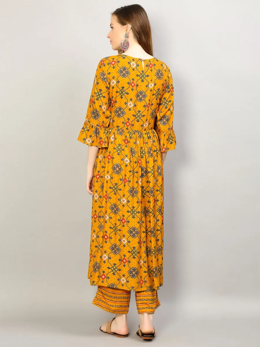 Women Mustard Geometric Printed Kurta With Comfort Pant