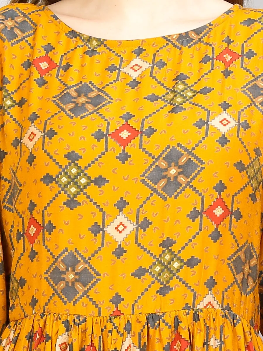 Women Mustard Geometric Printed Kurta With Comfort Pant