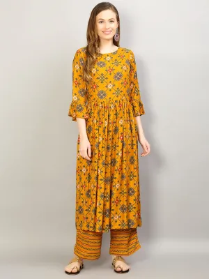 Women Mustard Geometric Printed Kurta With Comfort Pant