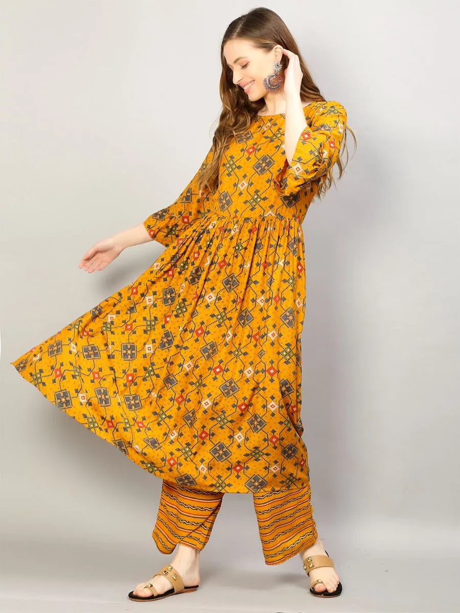 Women Mustard Geometric Printed Kurta With Comfort Pant