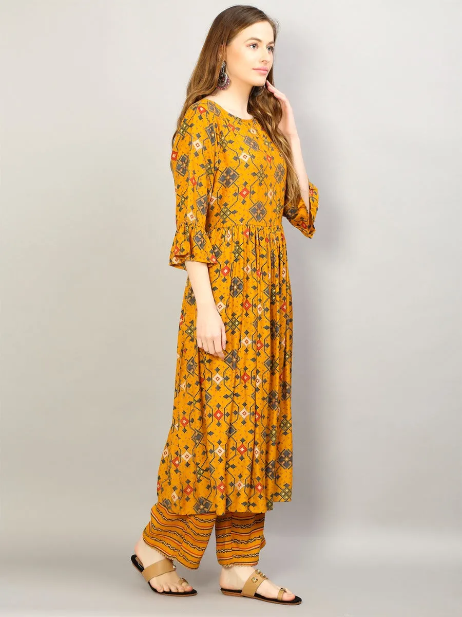 Women Mustard Geometric Printed Kurta With Comfort Pant