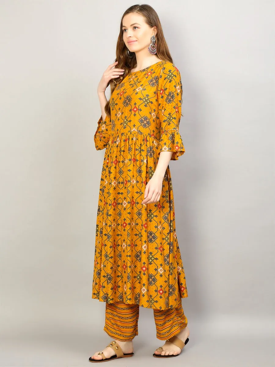 Women Mustard Geometric Printed Kurta With Comfort Pant