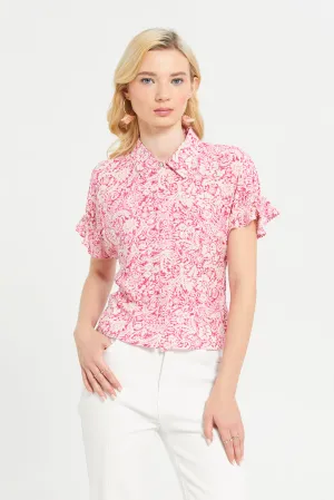 Women Pink Printed Rayon Shirt With Elasticated Sleeve Details