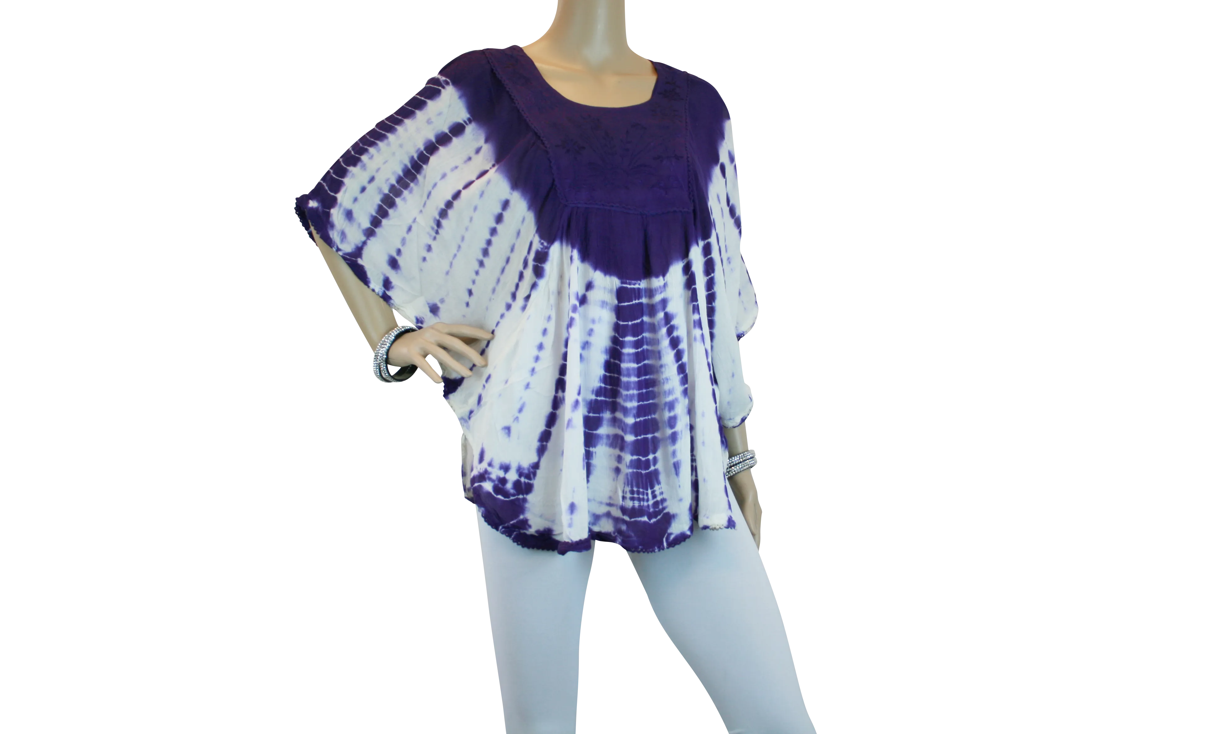 Womens Batik Embroidered Scoop Neck Batwing Poncho Blouse