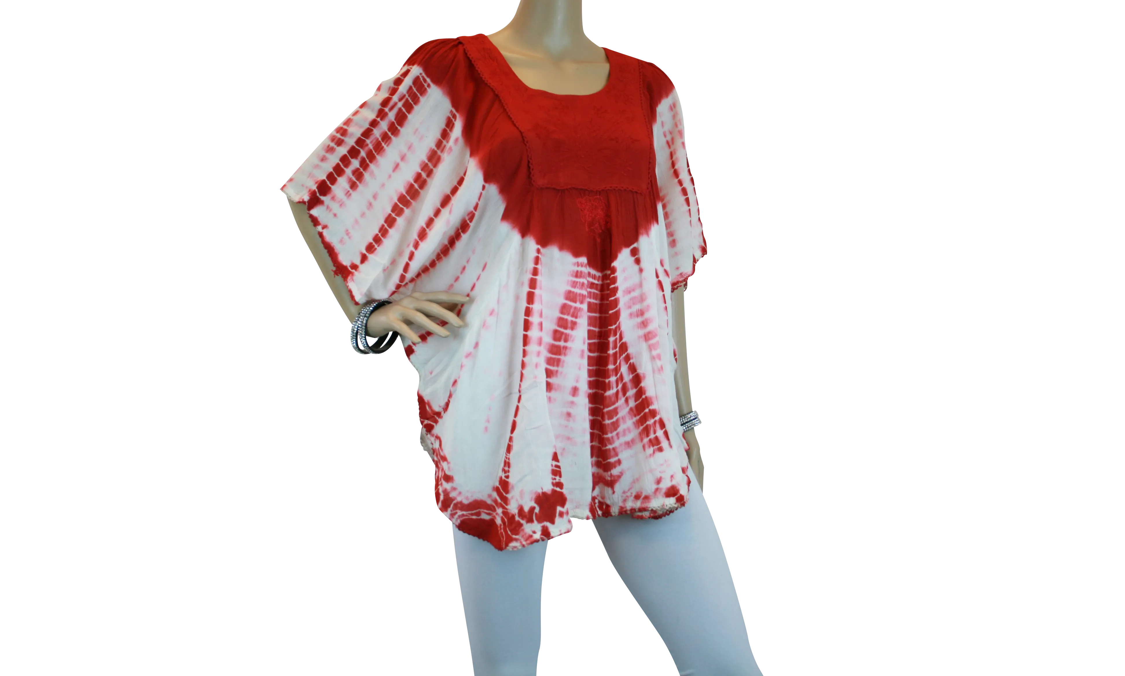 Womens Batik Embroidered Scoop Neck Batwing Poncho Blouse