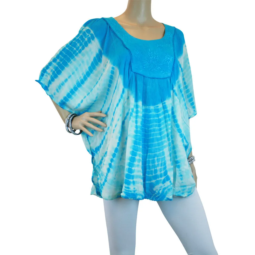 Womens Batik Embroidered Scoop Neck Batwing Poncho Blouse