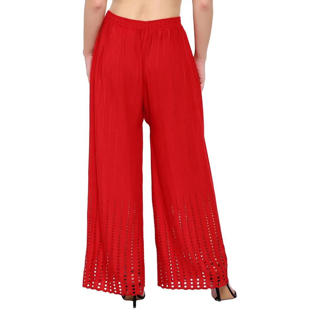 Women's Embroidered Red Rayon Palazzo