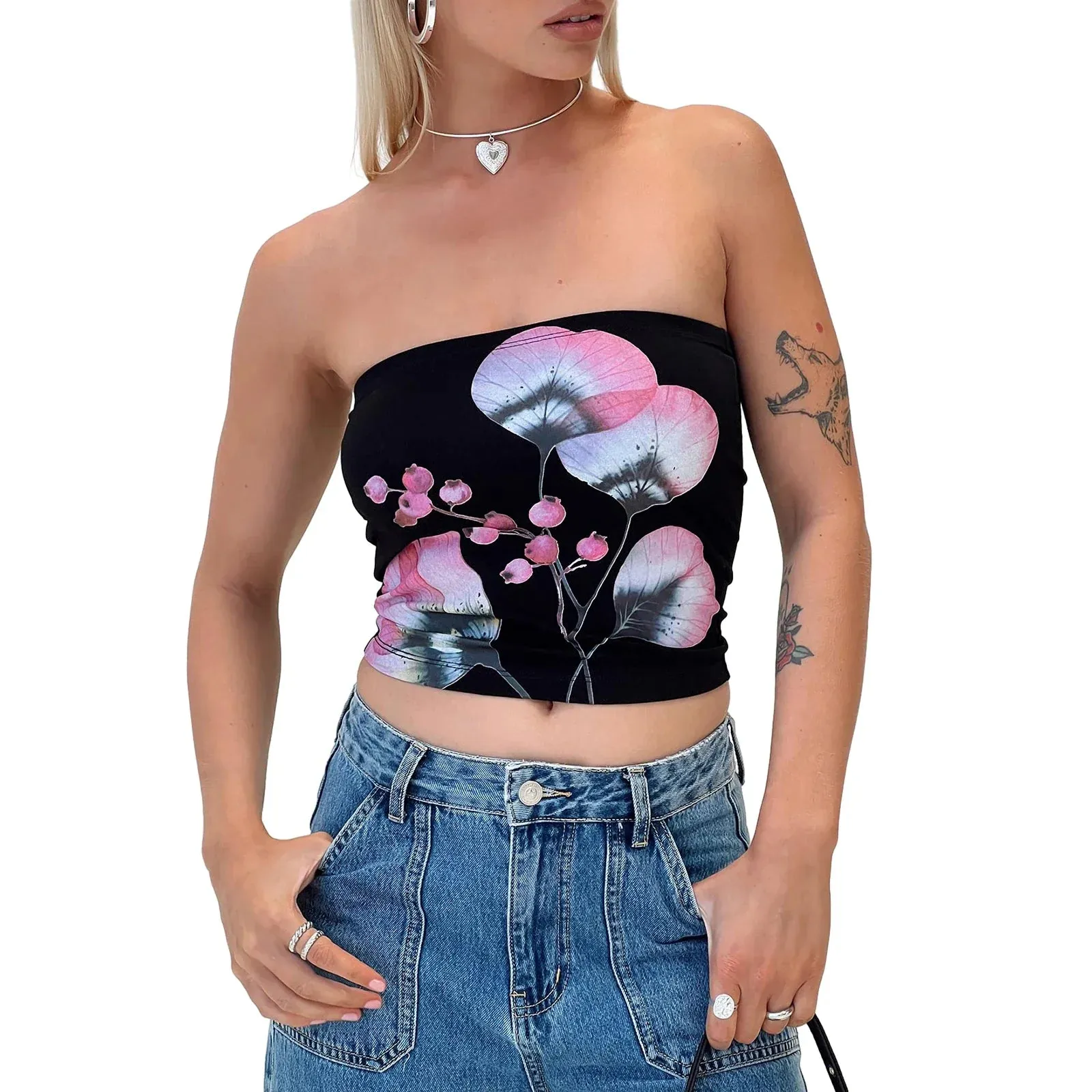 Women's Summer Slim Tube Floral Pattern Bandeau Show Navel Crop Corset Ladies Club Streetwear Tank Y2k Top