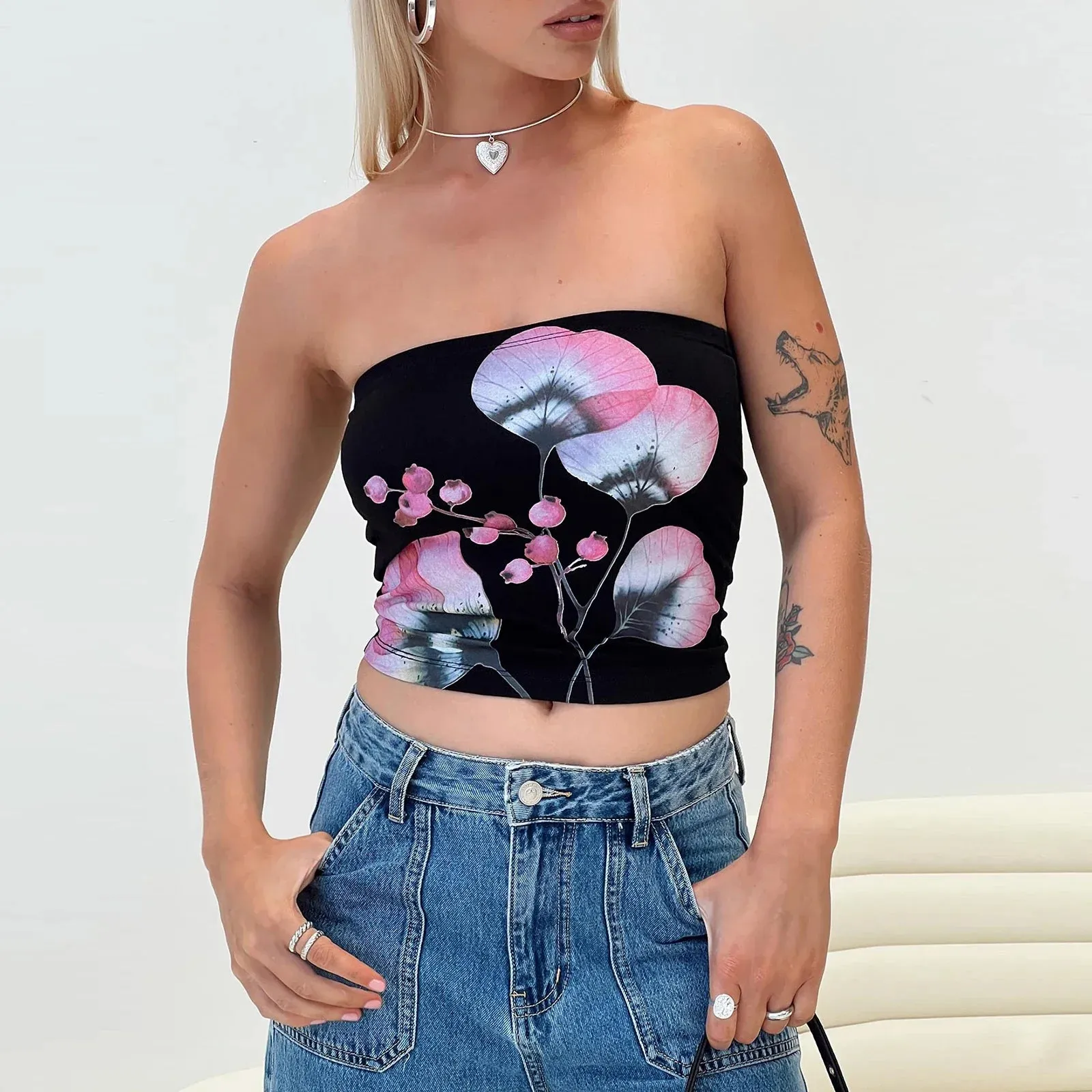 Women's Summer Slim Tube Floral Pattern Bandeau Show Navel Crop Corset Ladies Club Streetwear Tank Y2k Top