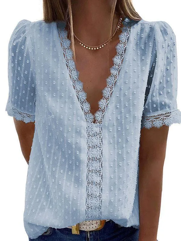 Women's Swiss Dot Lace Trim Deep V Neck T Shirt