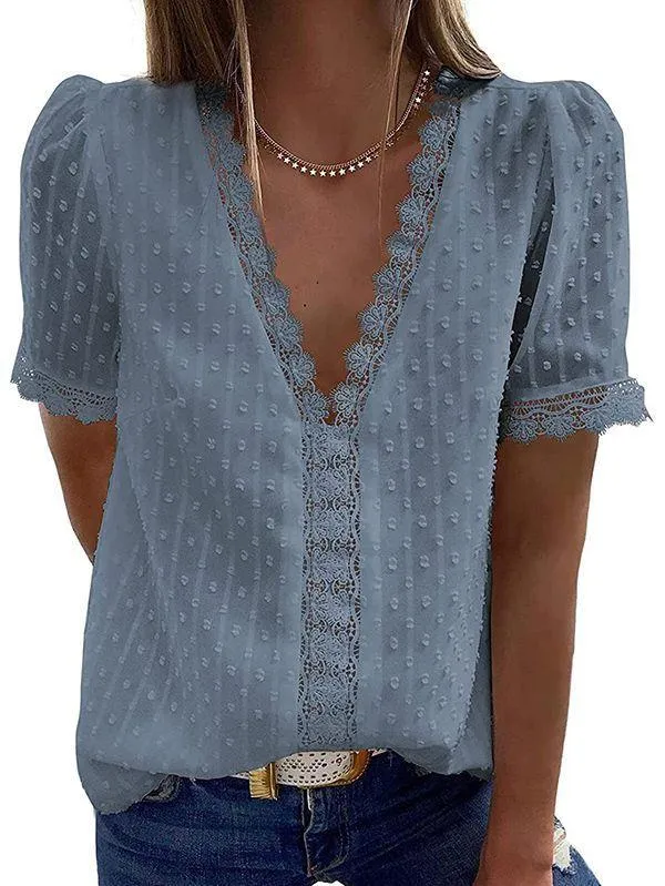 Women's Swiss Dot Lace Trim Deep V Neck T Shirt