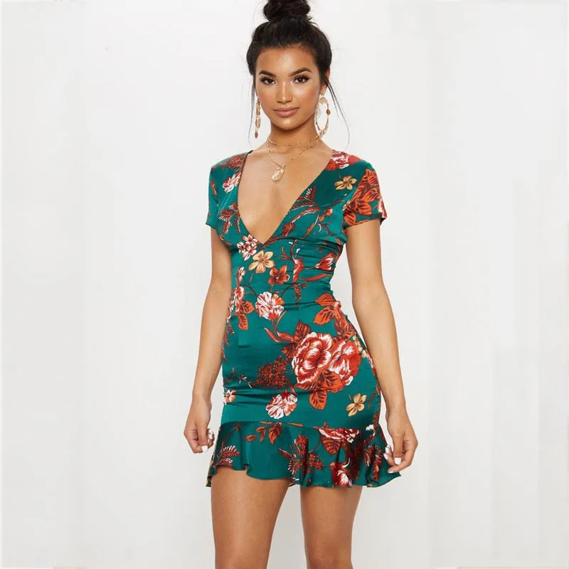 Women's V-Neck Open-Back Floral Print Short Summer Party Dress