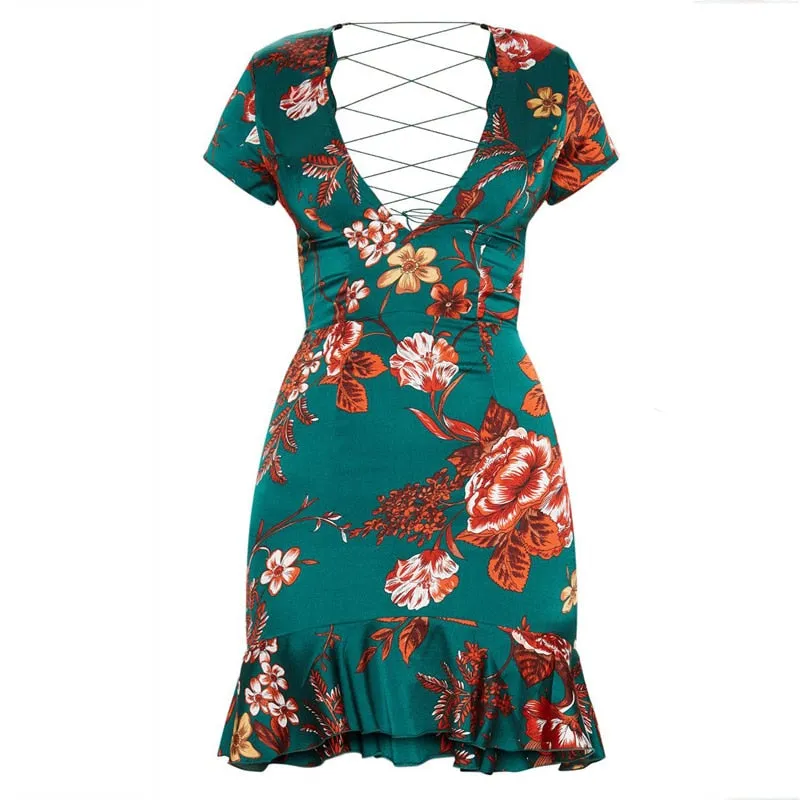 Women's V-Neck Open-Back Floral Print Short Summer Party Dress