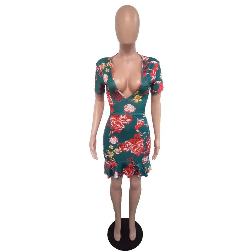 Women's V-Neck Open-Back Floral Print Short Summer Party Dress