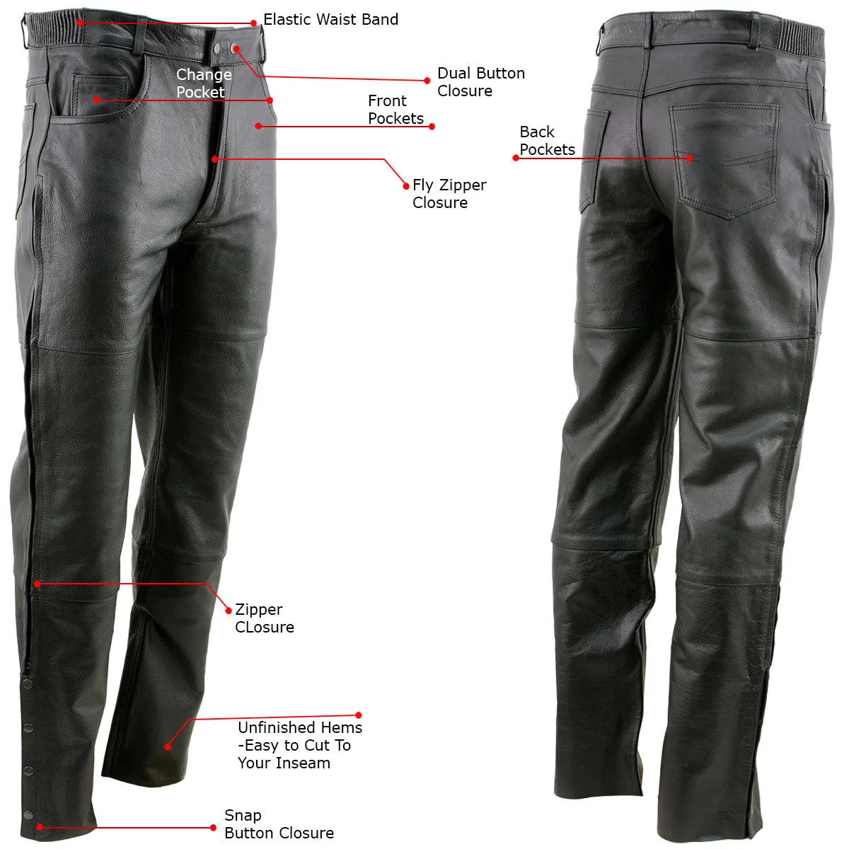 Xelement Men's Black Premium Leather Motorcycle Over Pants with Side Zipper and Snaps B7470