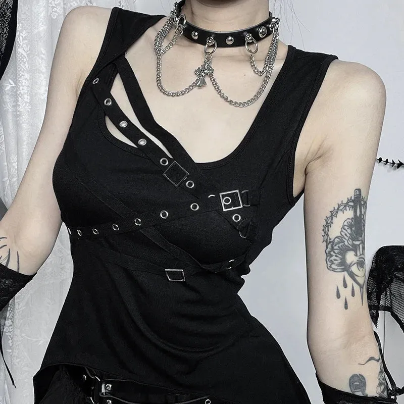 Y2K Eyelet Vintage Slim Irregular Black Crop Sleeveless Goth Summer Top